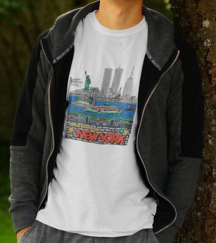 Statue Of Liberty Brooklyn Bridge Broadway Central Park 5th Ave Manhattan New York Skyline T-Shirt