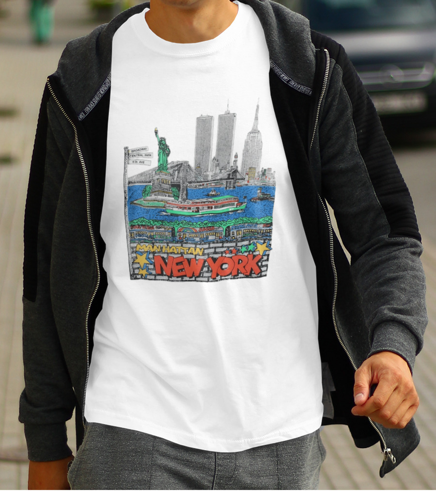 Statue Of Liberty Brooklyn Bridge Broadway Central Park 5th Ave Manhattan New York Skyline T-Shirt