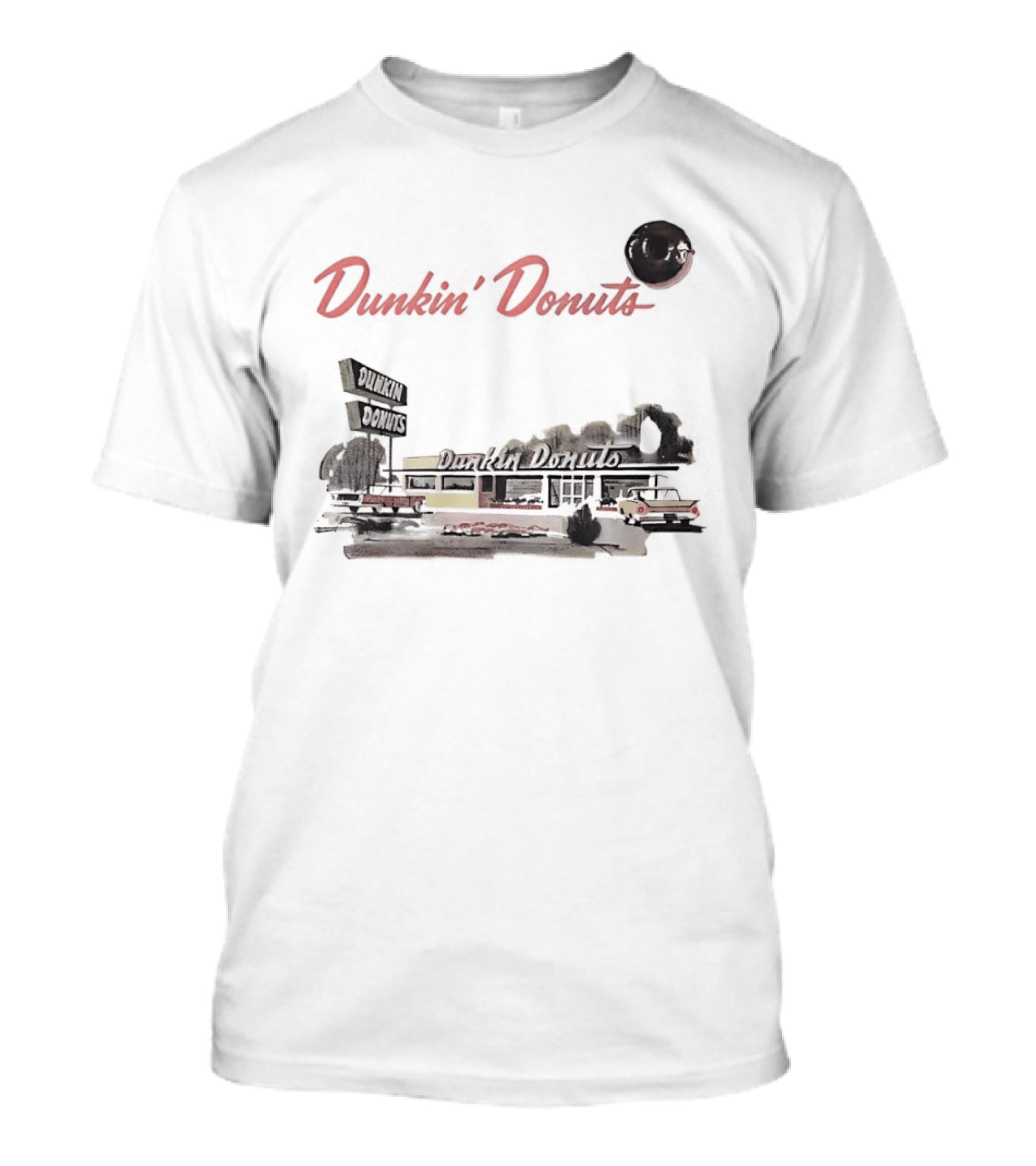 Dunkin Donuts Retro Vintage Coffee Shop Neon Sign And Classic Car Scene T-Shirt