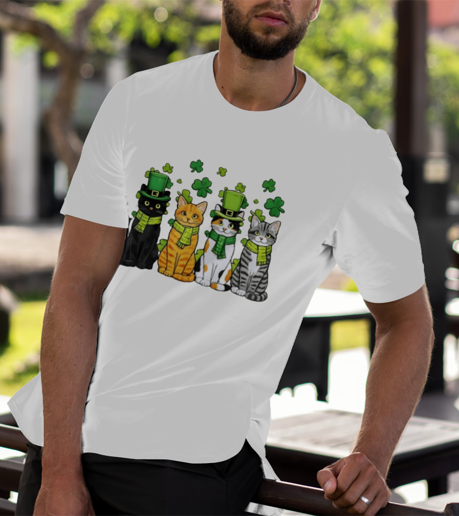 St Catrick's Day Black Cat Orange Tabby Cat Calico Cat And Gray Tabby Cat With Shamrocks And Green St Patrick's Hats T-Shirt