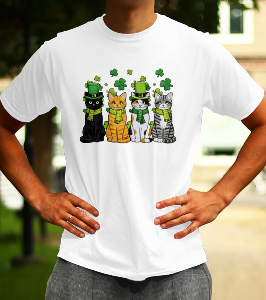 St Catrick's Day Black Cat Orange Tabby Cat Calico Cat And Gray Tabby Cat With Shamrocks And Green St Patrick's Hats T-Shirt