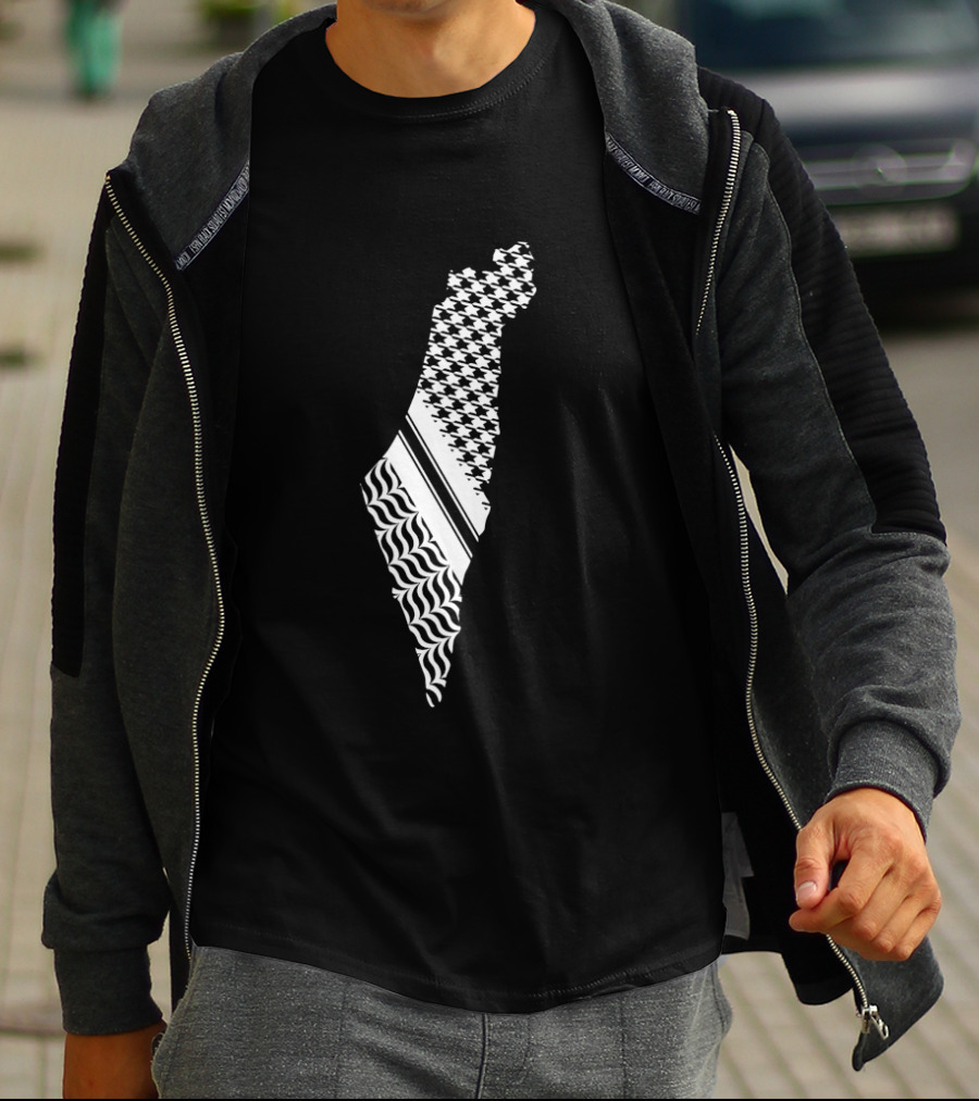 Free Palestine Map With Kufiya And Waves T-Shirt