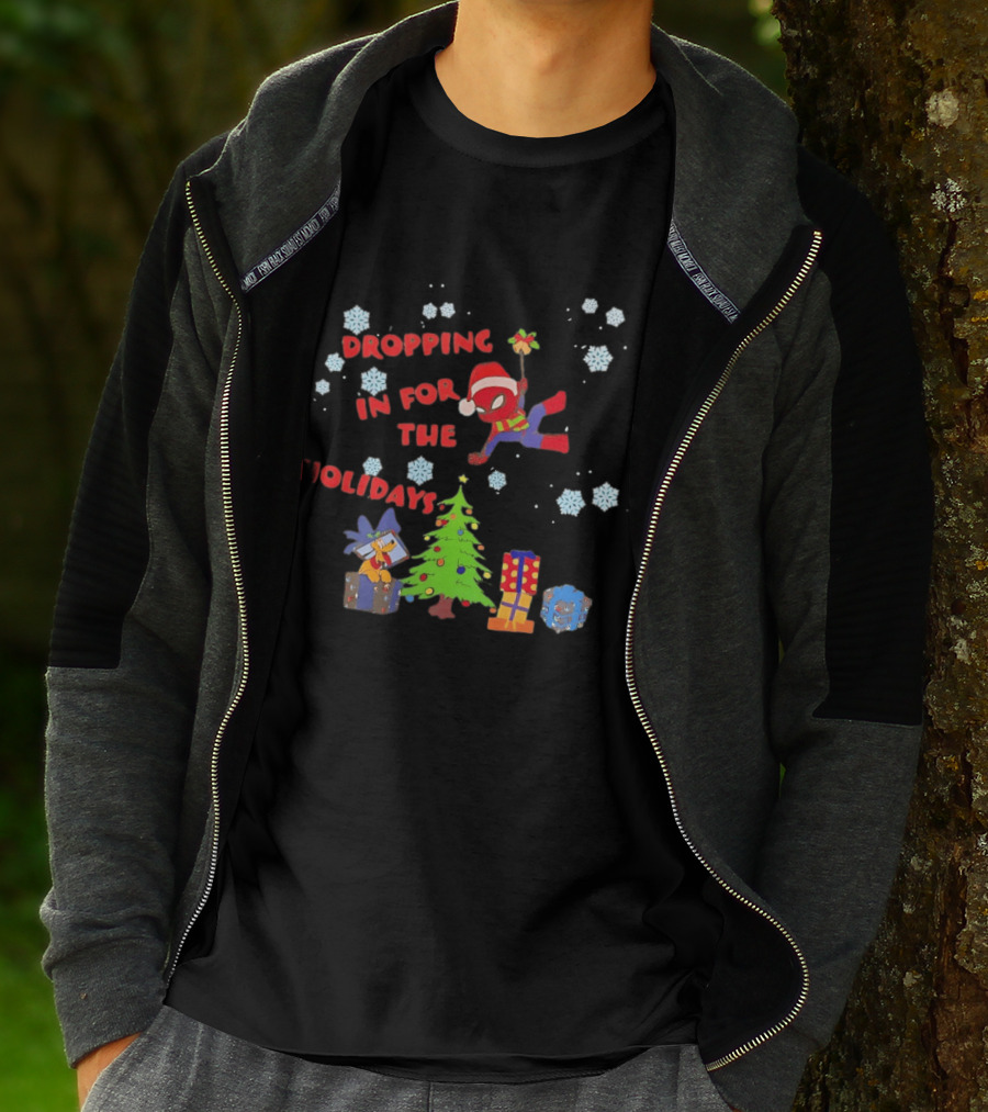 Spider Man Dropping In For The Holidays Christmas Tree Presents Snowflakes T-Shirt