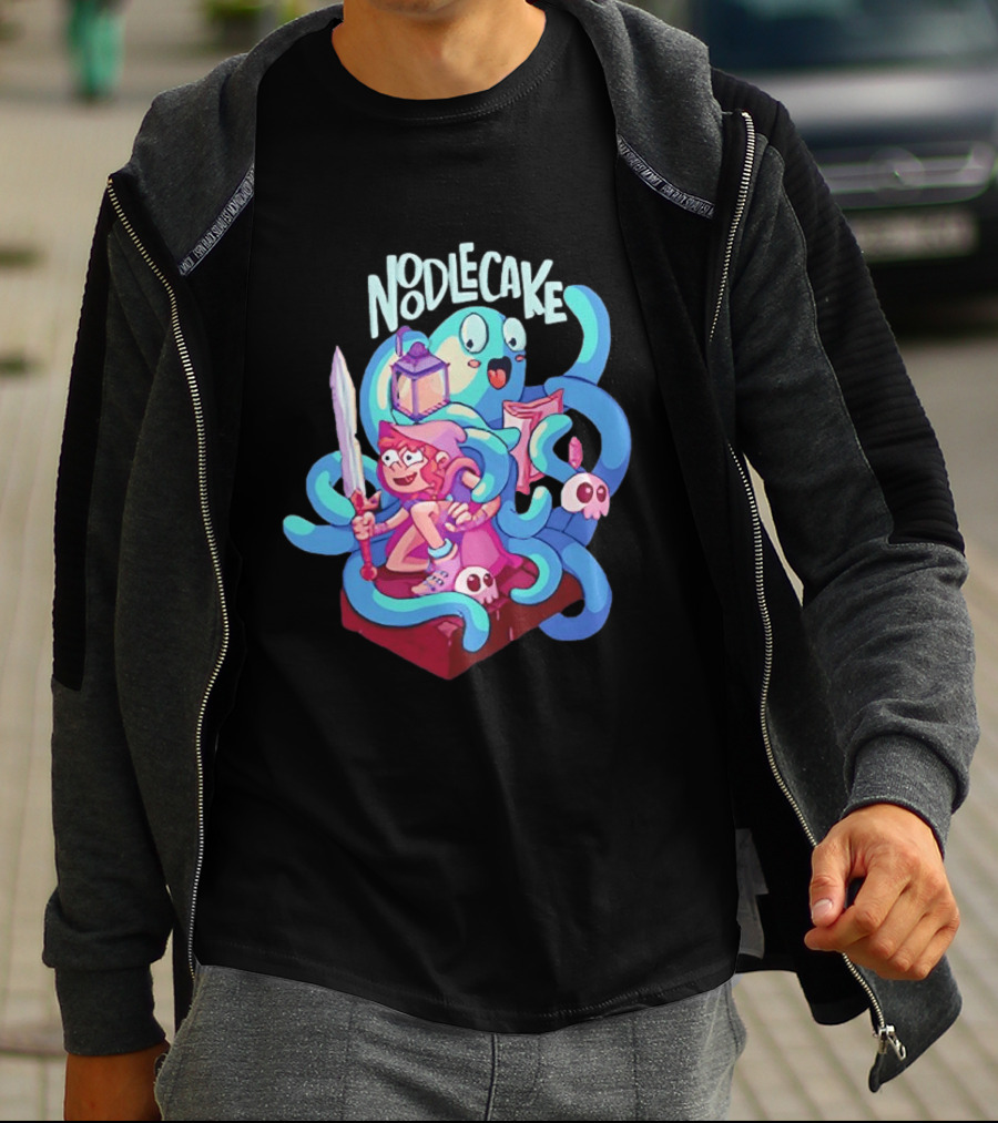 Noodlecake Cartoon Adventurer And Ghost With Sword And Skulls T-Shirt