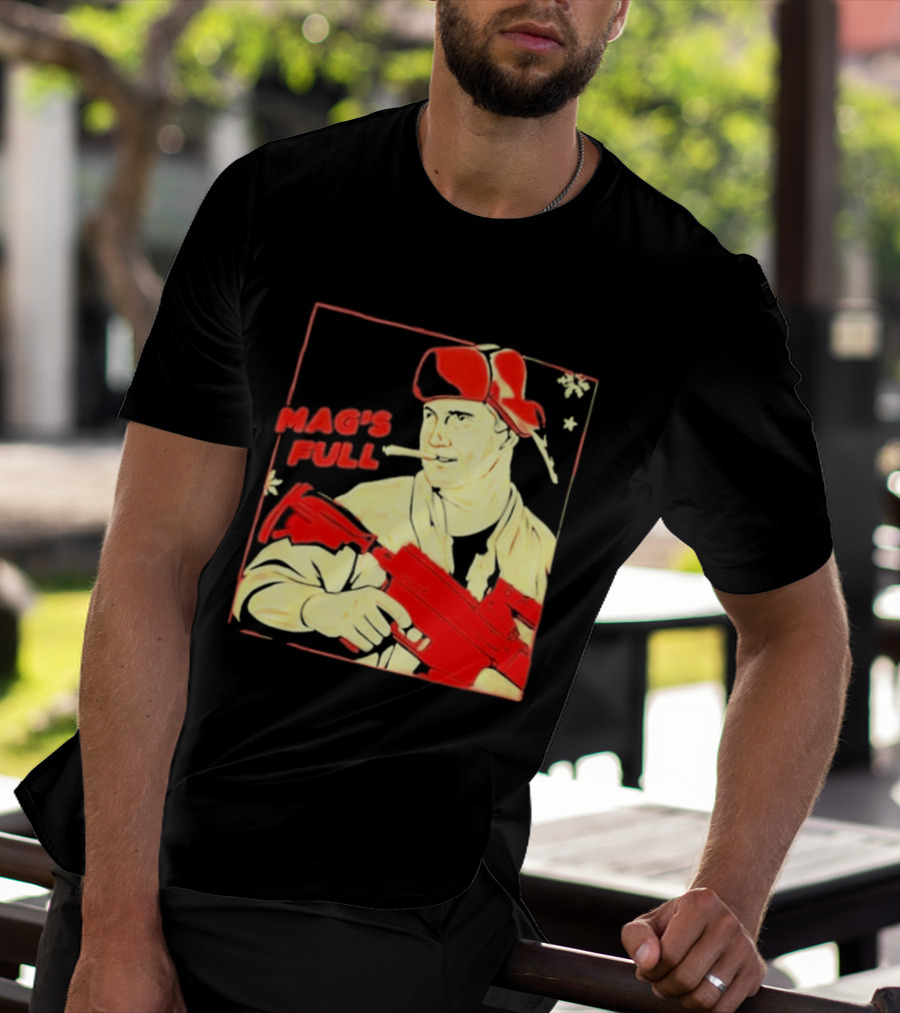 Mag's Full Armed Character With Red Cap And Gun T-Shirt