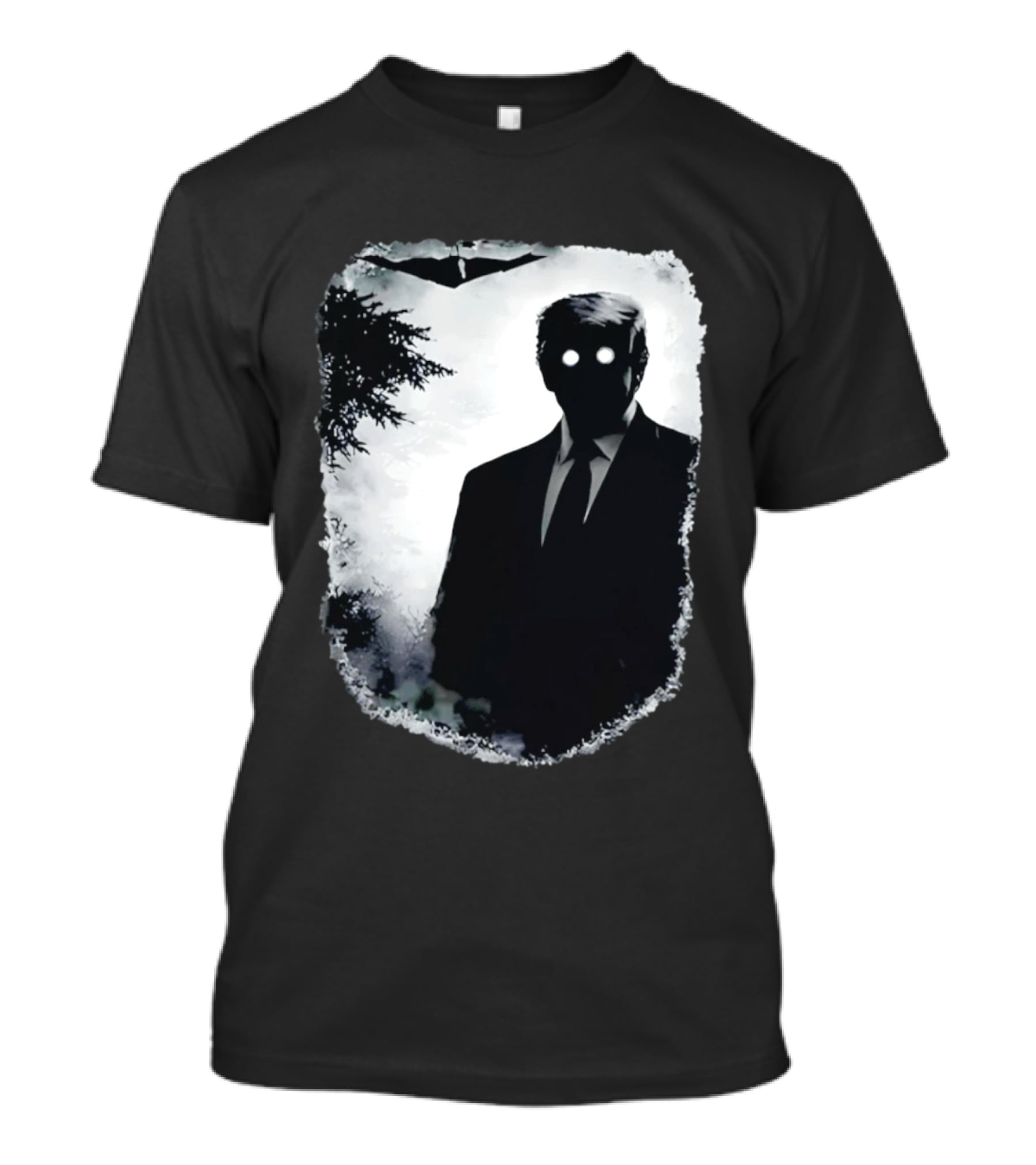 Dark Shadow Figure Mysterious Silhouette Trump Eerie Woods Cloaked Eyes T-Shirt