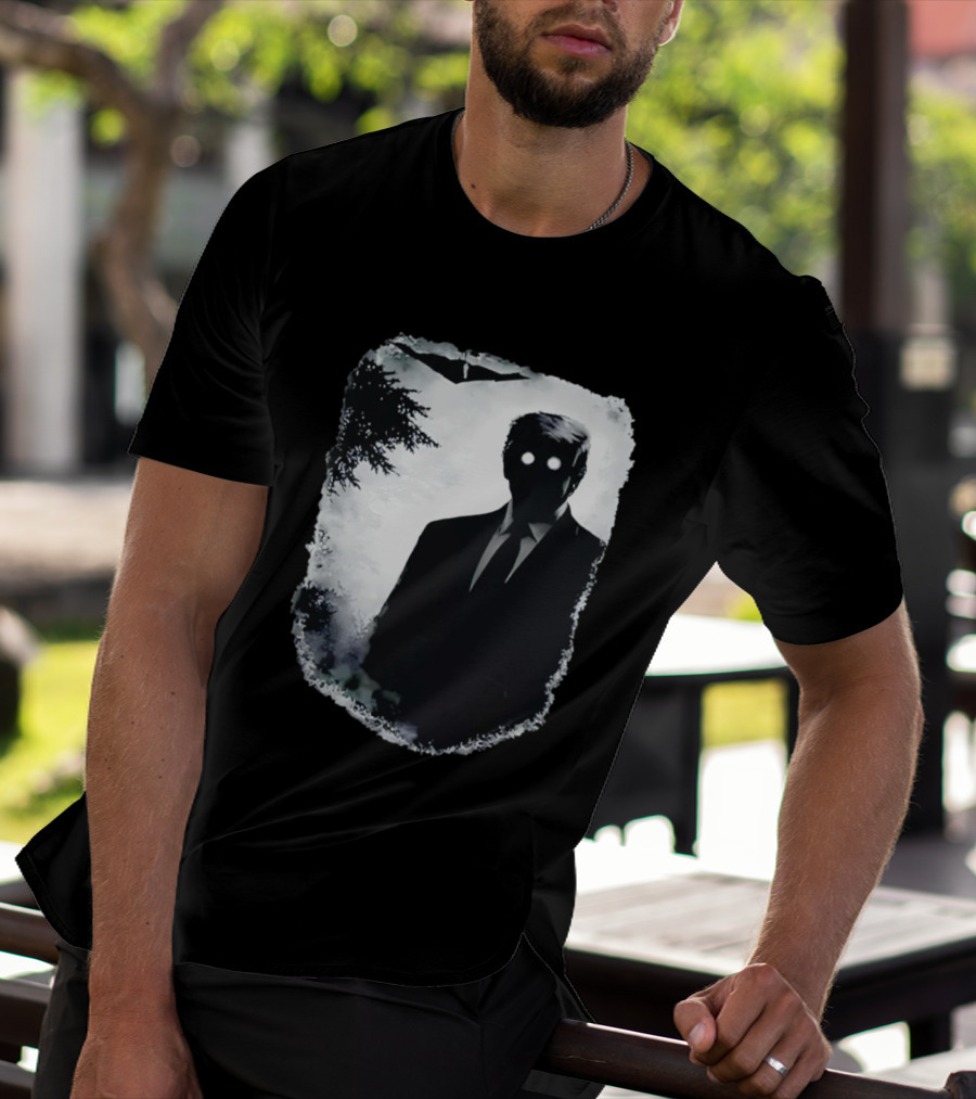 Dark Shadow Figure Mysterious Silhouette Trump Eerie Woods Cloaked Eyes T-Shirt