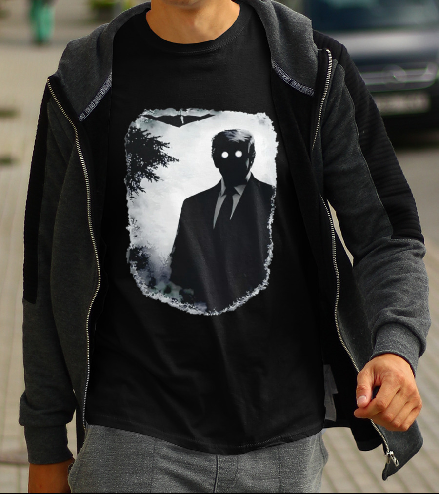 Dark Shadow Figure Mysterious Silhouette Trump Eerie Woods Cloaked Eyes T-Shirt
