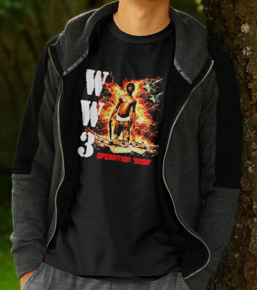 WW3 Operation Sosa Explosive Art With Iconic Figure And Fiery T-Shirt