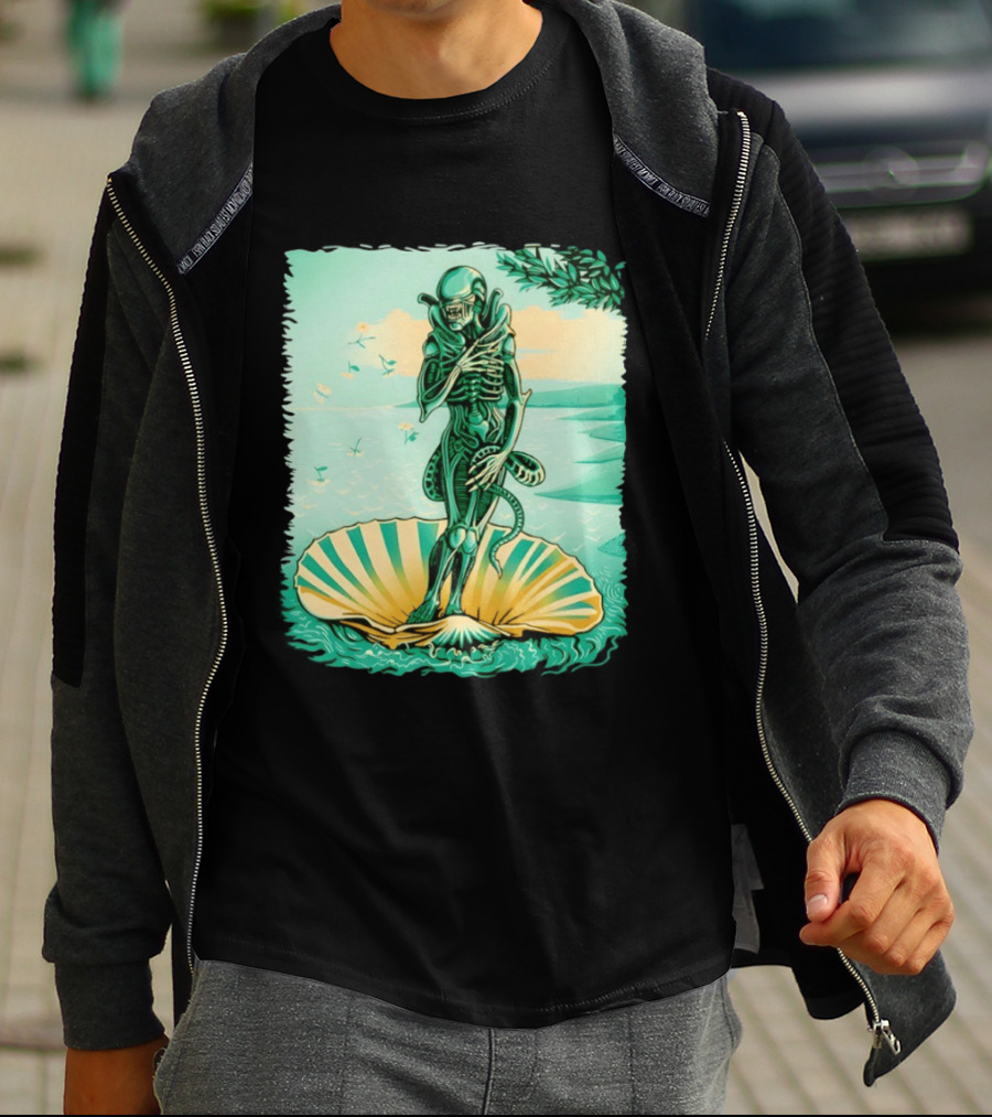 Alien Seated On Seashell The Birth Of Alienus Fusion Renaissance T-Shirt