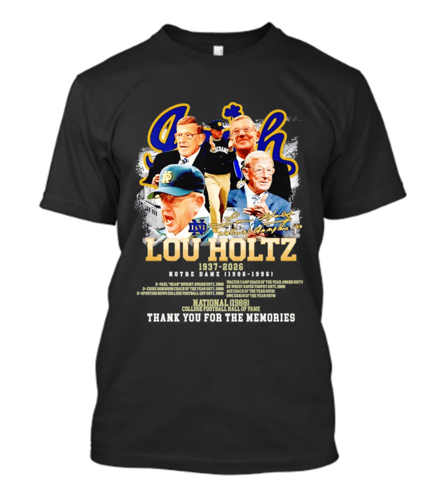 Lou Holtz 1937 2026 Notre Dame Fighting Irish Thank You For The Memories Irish Coach Legend T-Shirt