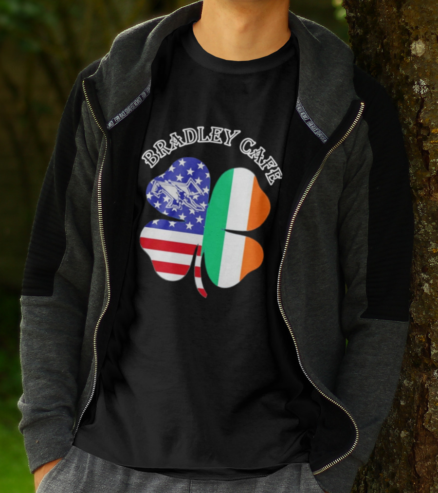 Bradley Cafe Providence RI Est 1937 Four Leaf Clover American Irish Flag T-Shirt