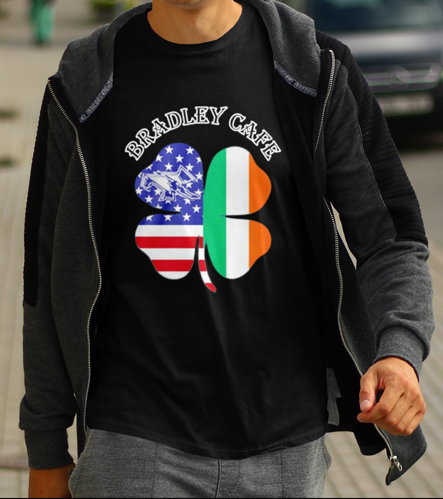 Bradley Cafe Providence RI Est 1937 Four Leaf Clover American Irish Flag T-Shirt