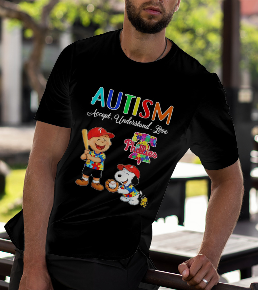 Charlie Brown Snoopy Philadelphia Phillies Autism Awareness Puzzle Piece Accept Understand Love T-Shirt