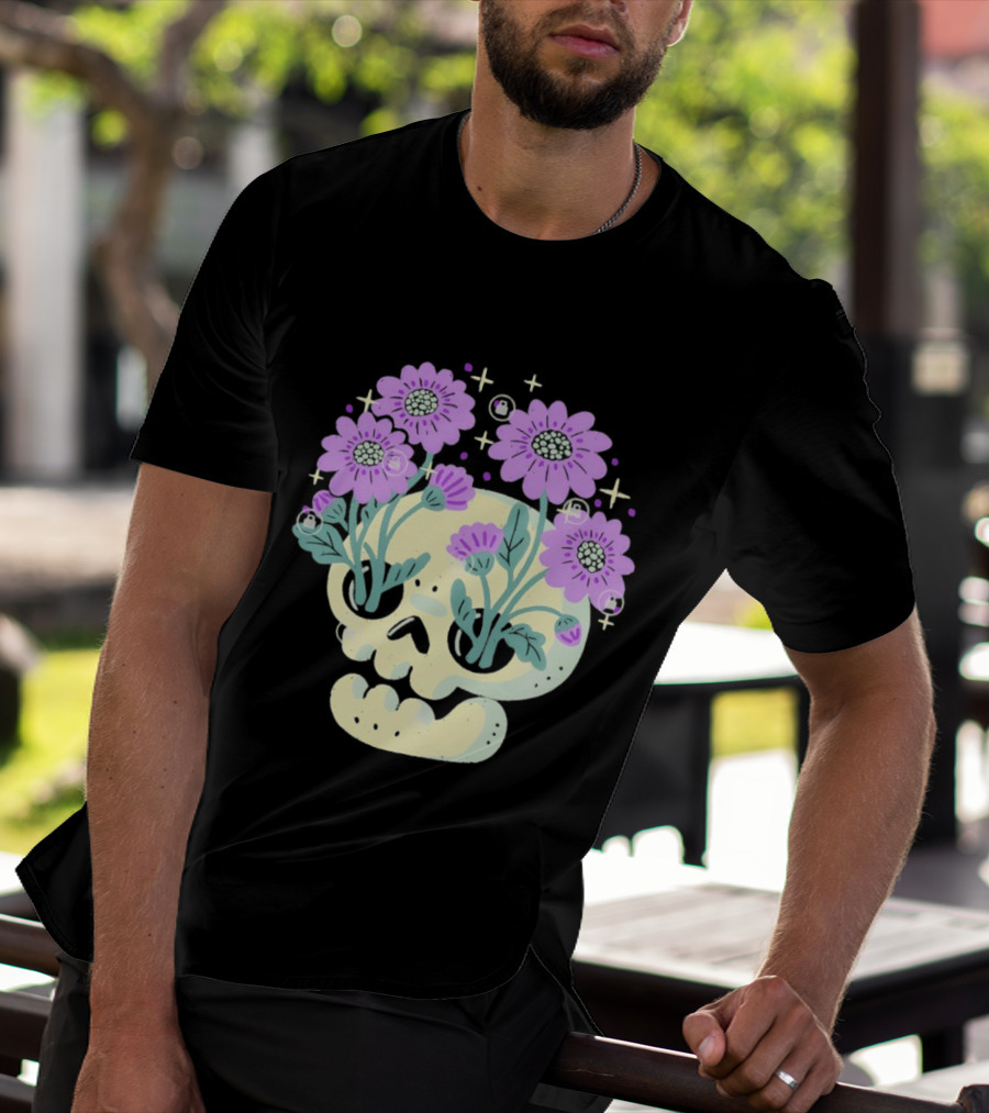 Skull With Purple Flowers And Stars Aesthetic T-Shirt
