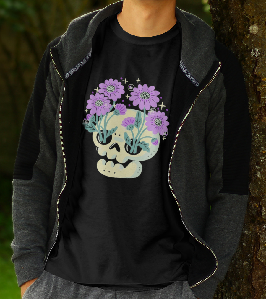 Skull With Purple Flowers And Stars Aesthetic T-Shirt