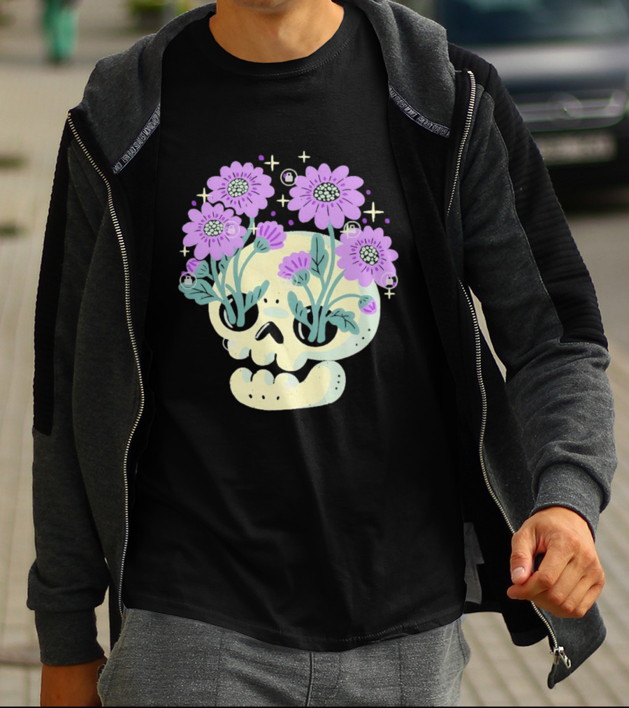 Skull With Purple Flowers And Stars Aesthetic T-Shirt