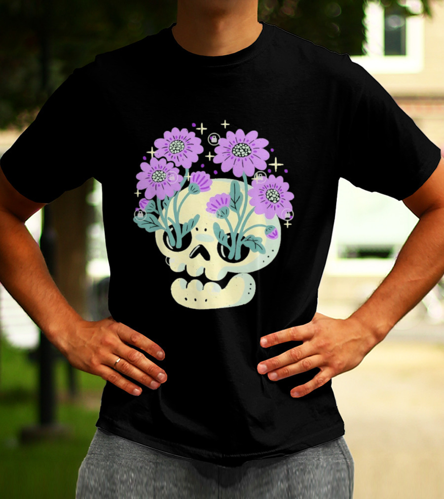 Skull With Purple Flowers And Stars Aesthetic T-Shirt