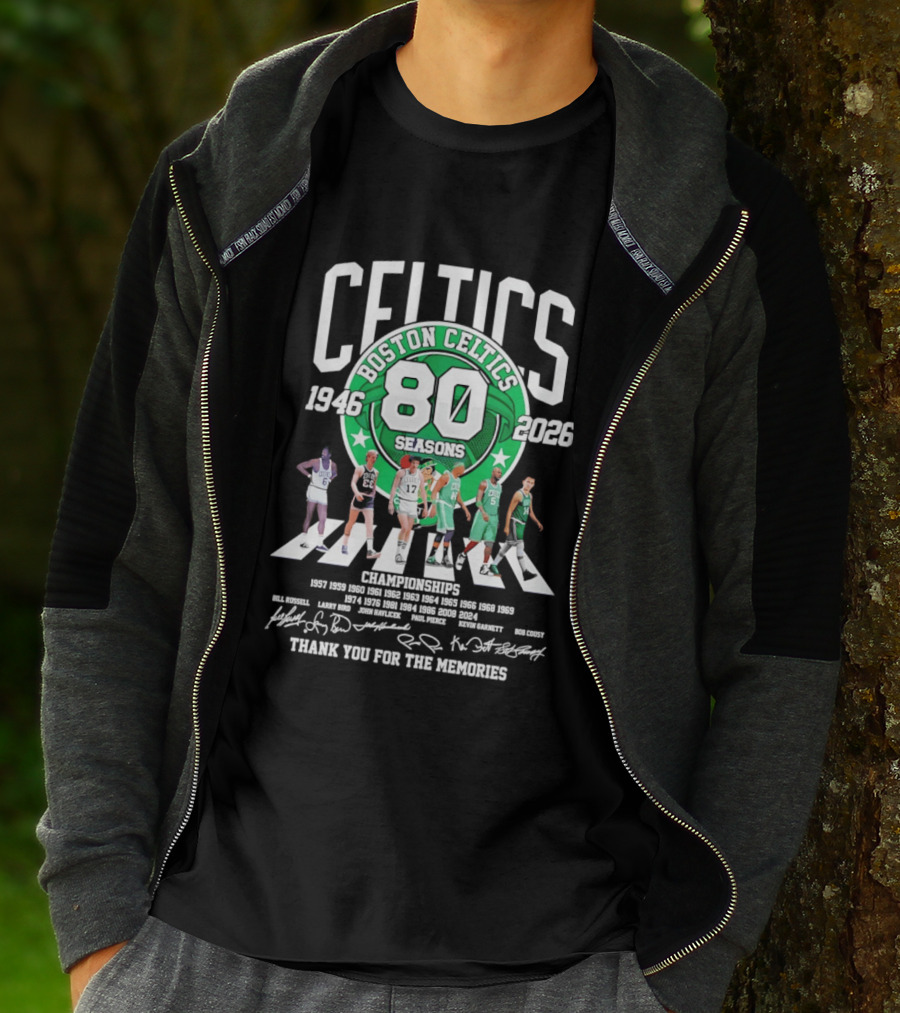 Boston Celtics 80 Seasons 1946 2026 Thank You For The Memories Signatures 17 Championships T-Shirt