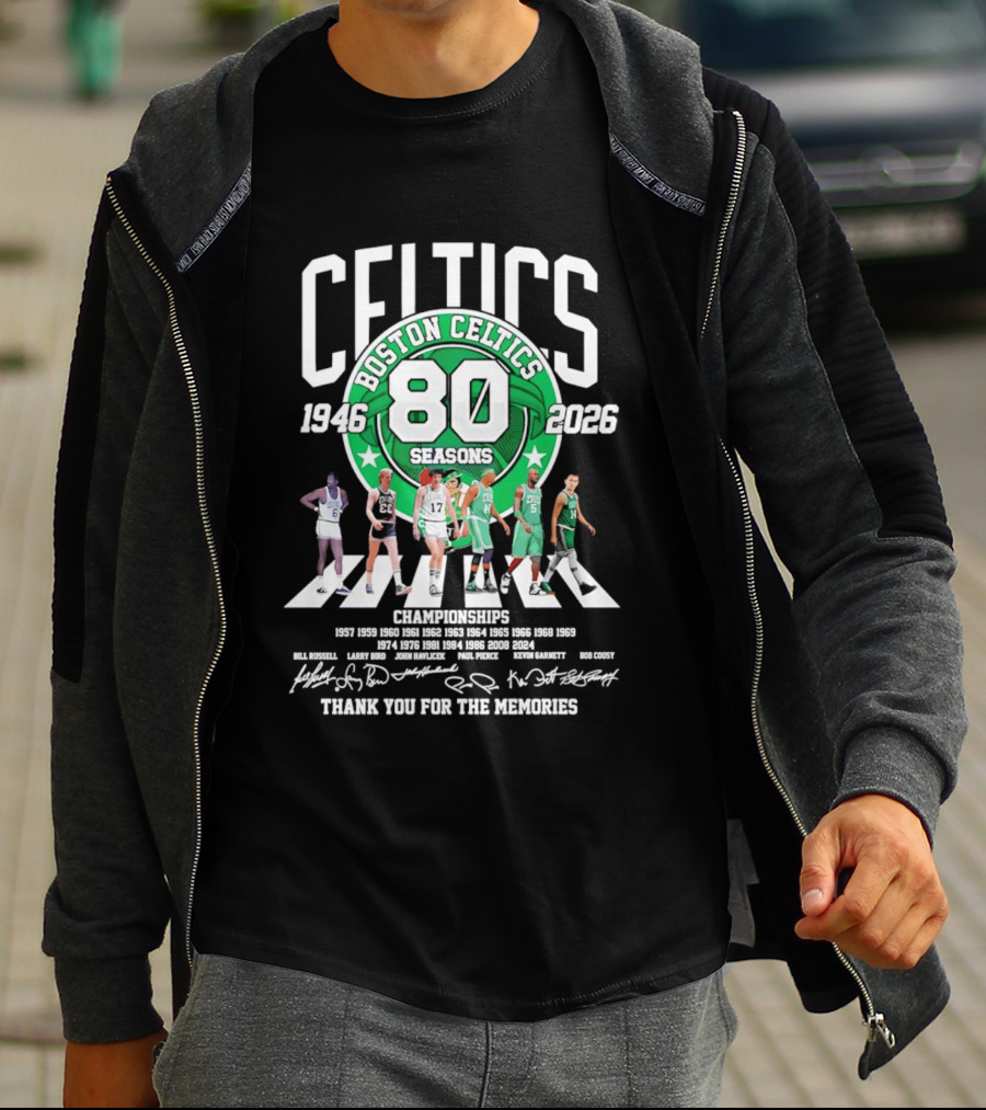 Boston Celtics 80 Seasons 1946 2026 Thank You For The Memories Signatures 17 Championships T-Shirt
