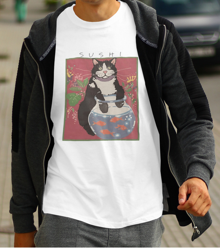 Sushi Cat Holding Fishbowl With Goldfish And Flowers T-Shirt