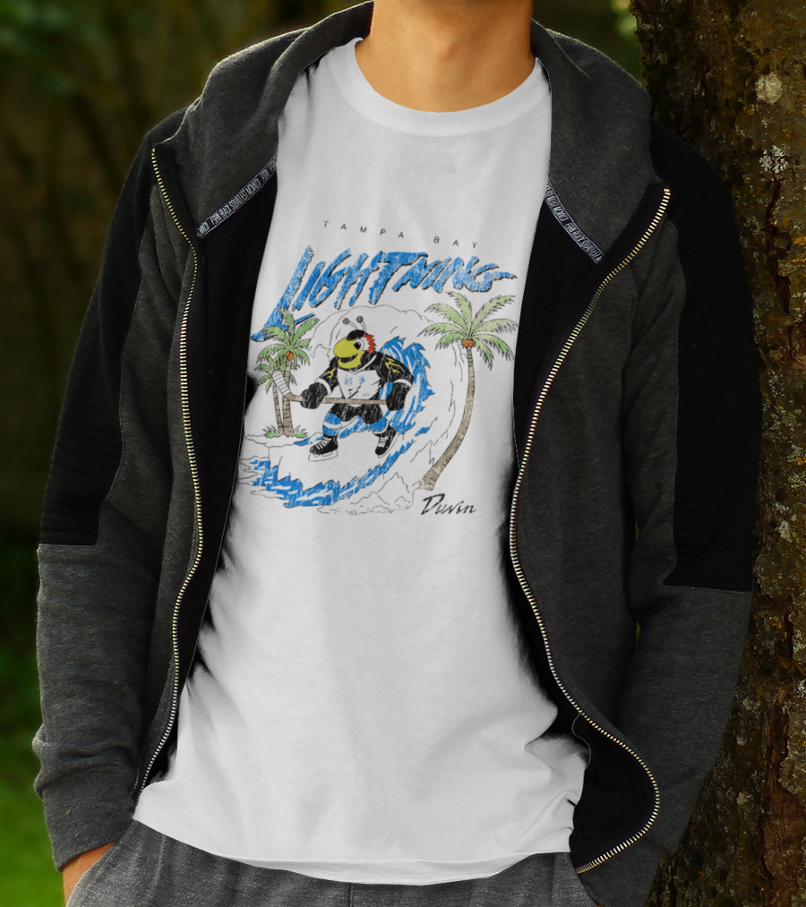 Tampa Bay Lightning Thunderbug Duvin Surfing Hockey Character With Palm Trees T-Shirt