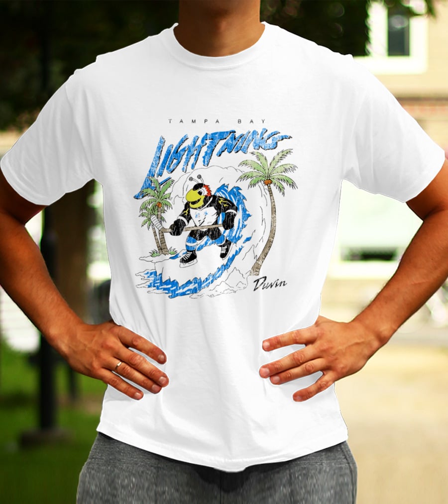 Tampa Bay Lightning Thunderbug Duvin Surfing Hockey Character With Palm Trees T-Shirt