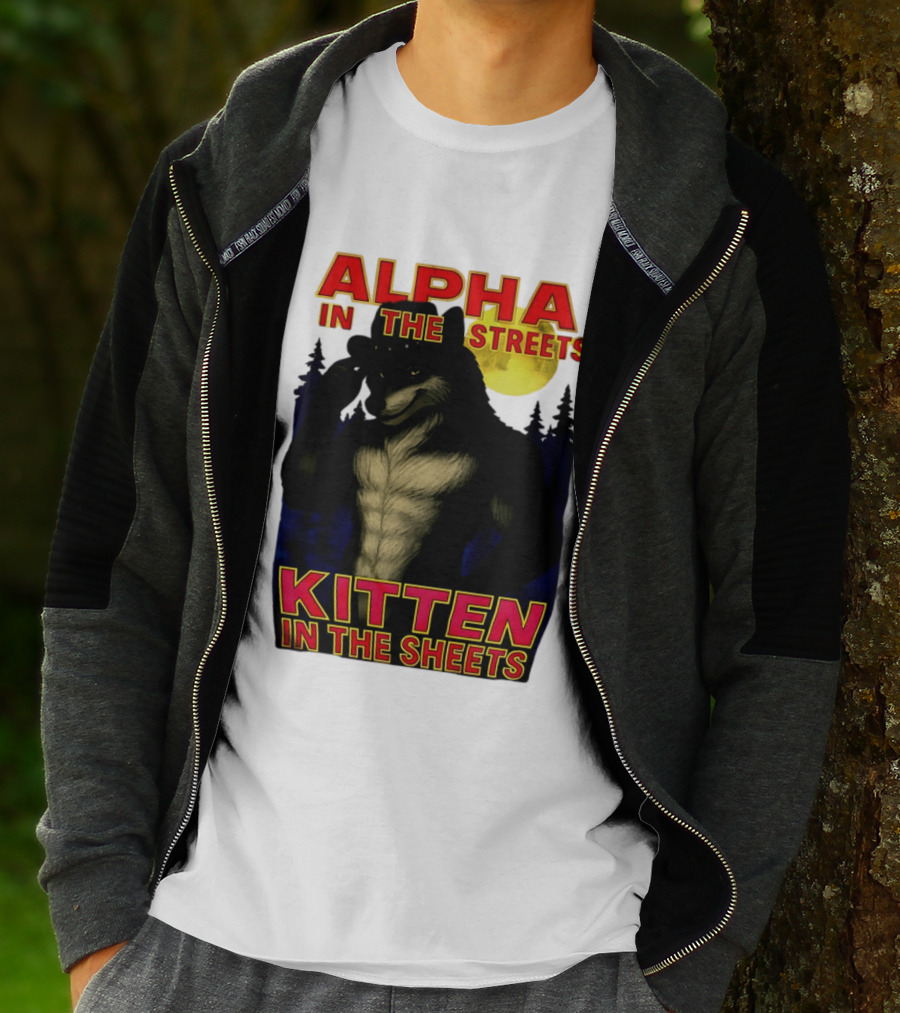 Alpha In The Streets Kitten In The Sheets Wolf Illustration Moonlit Forest Scene T-Shirt