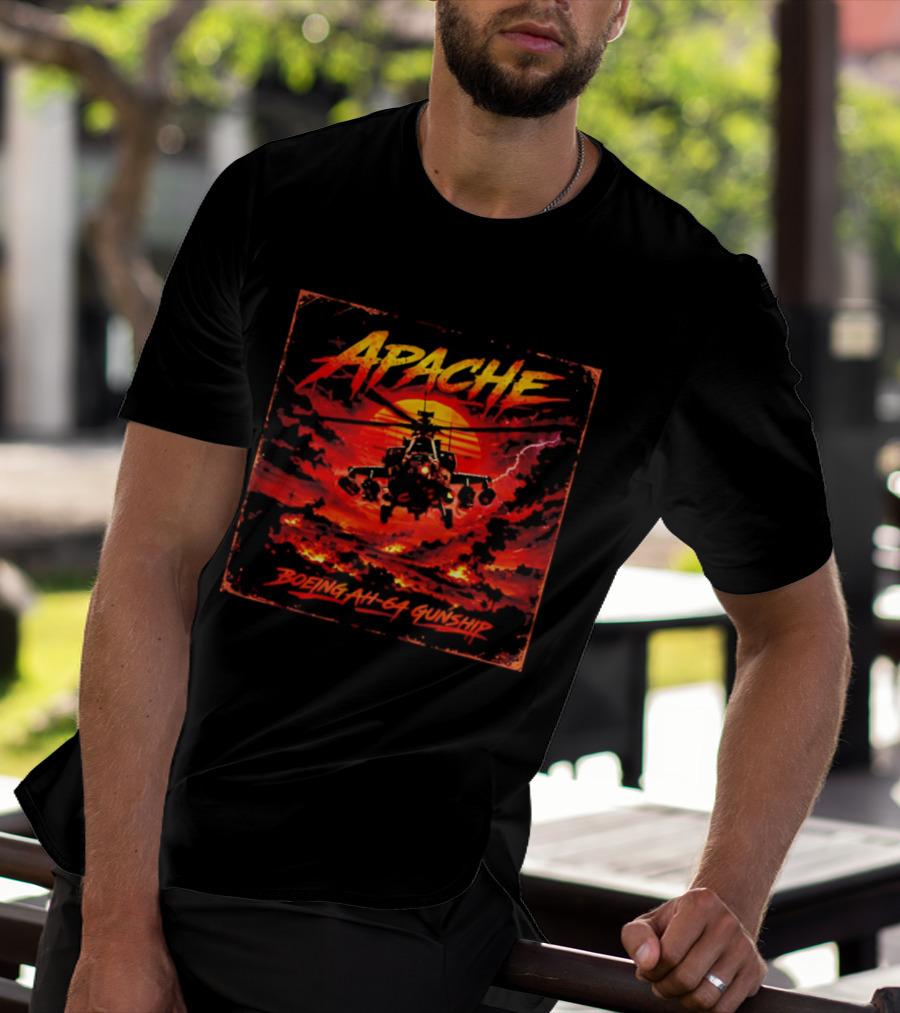 Apache Boeing AH 64 Gunship Sunset Storm Scene T-Shirt