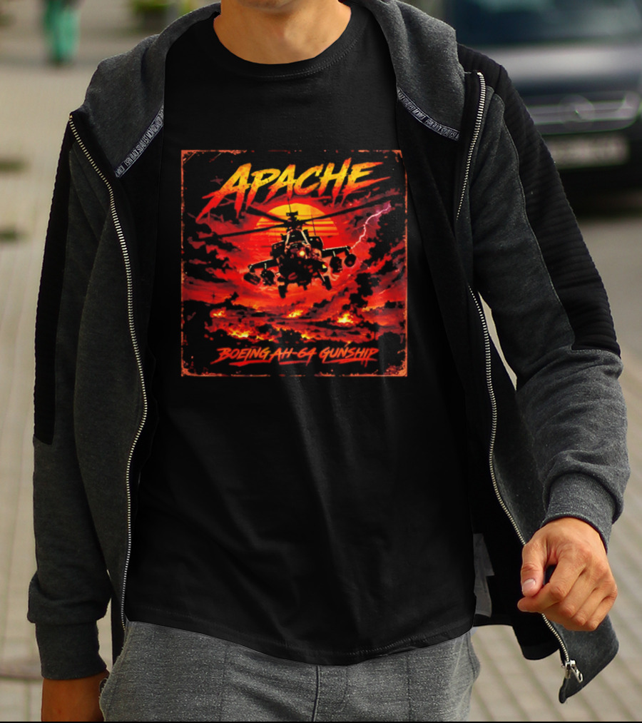 Apache Boeing AH 64 Gunship Sunset Storm Scene T-Shirt