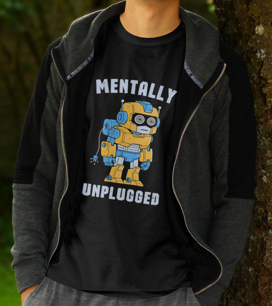 Mentally Unplugged Robot Humor Blue And Yellow T-Shirt