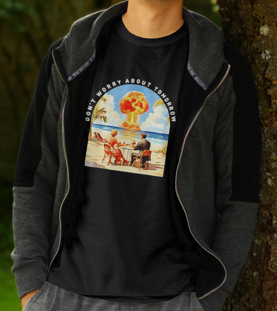Don't Worry About Tomorrow Matthew 6 34 Atomic Age Retro Beach Explosion T-Shirt