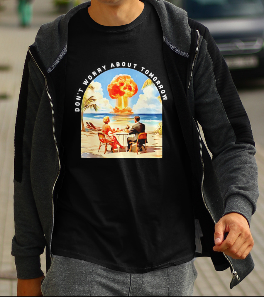 Don't Worry About Tomorrow Matthew 6 34 Atomic Age Retro Beach Explosion T-Shirt