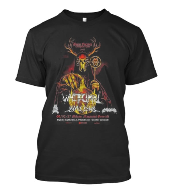Whitechapel Burn Forever European Tour 2027 Schedule Tour Dates Demon Antlers Flames Cauldron Red Diamond Rod T-Shirt