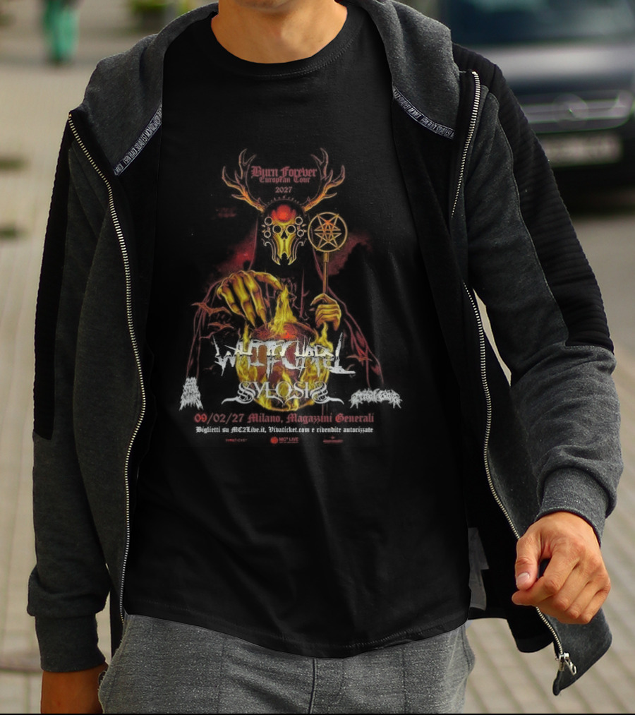 Whitechapel Burn Forever European Tour 2027 Schedule Tour Dates Demon Antlers Flames Cauldron Red Diamond Rod T-Shirt