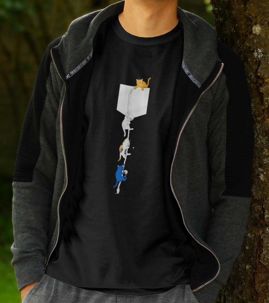 Kittens Climbing Rope From Pocket Whimsical Cat Adventure T-Shirt