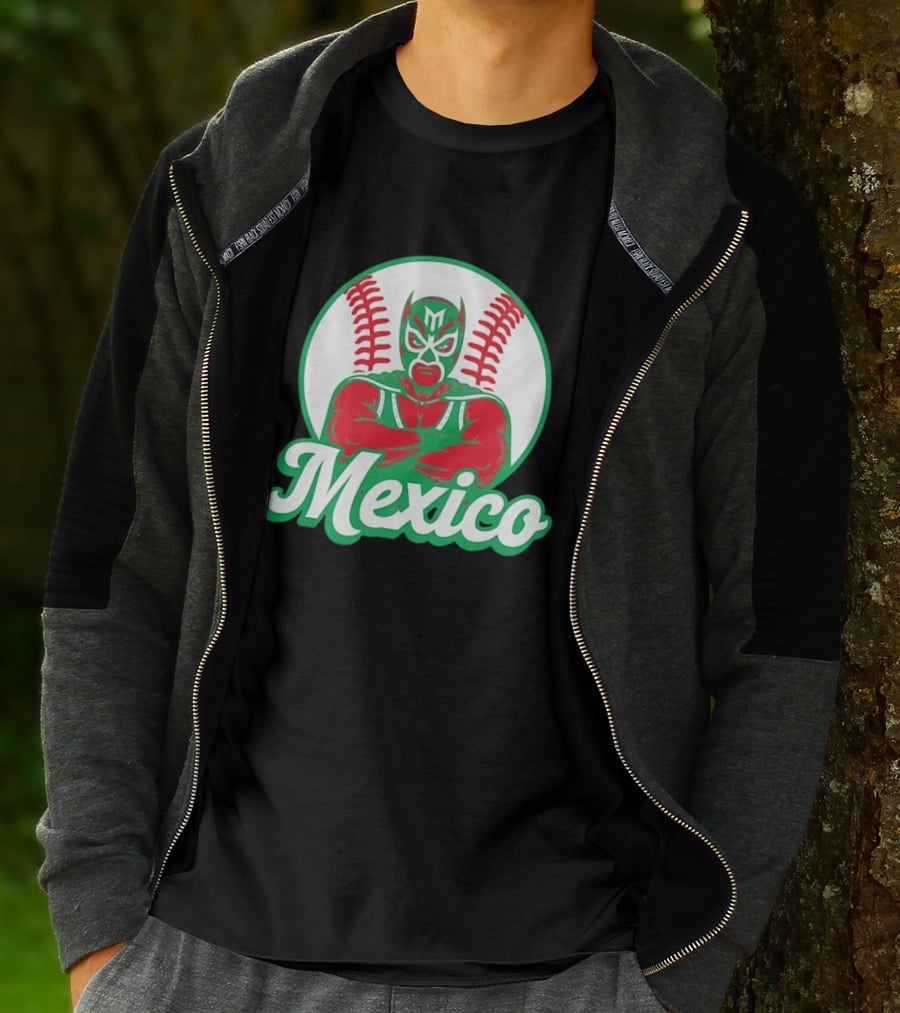 Mexico Luchador Baseball Mask Icon With Arms Crossed In Front Of Baseball Stitch T-Shirt