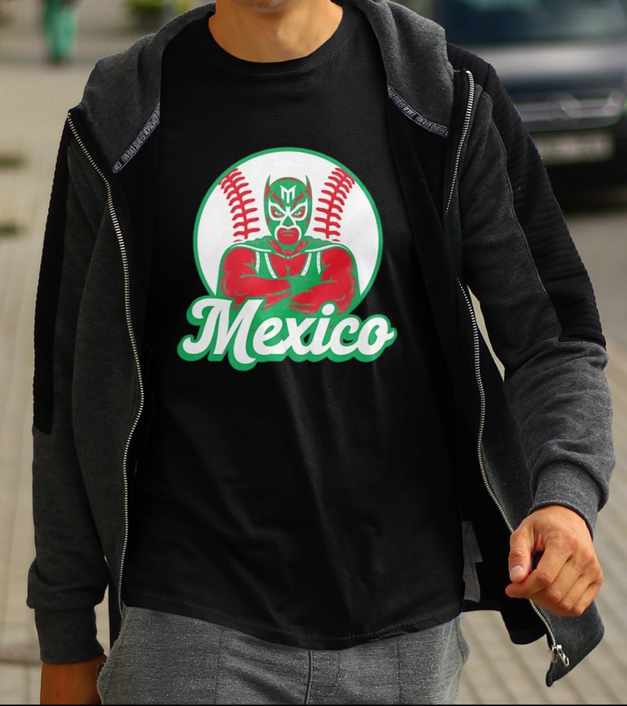 Mexico Luchador Baseball Mask Icon With Arms Crossed In Front Of Baseball Stitch T-Shirt