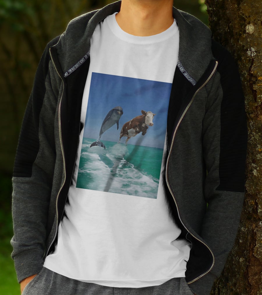 Cow And Dolphin Jumping Out Of Water Ocean Adventure T-Shirt