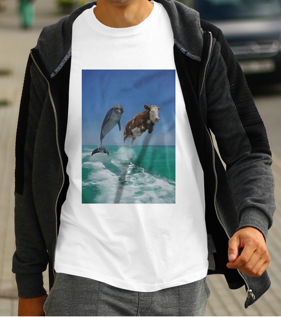 Cow And Dolphin Jumping Out Of Water Ocean Adventure T-Shirt