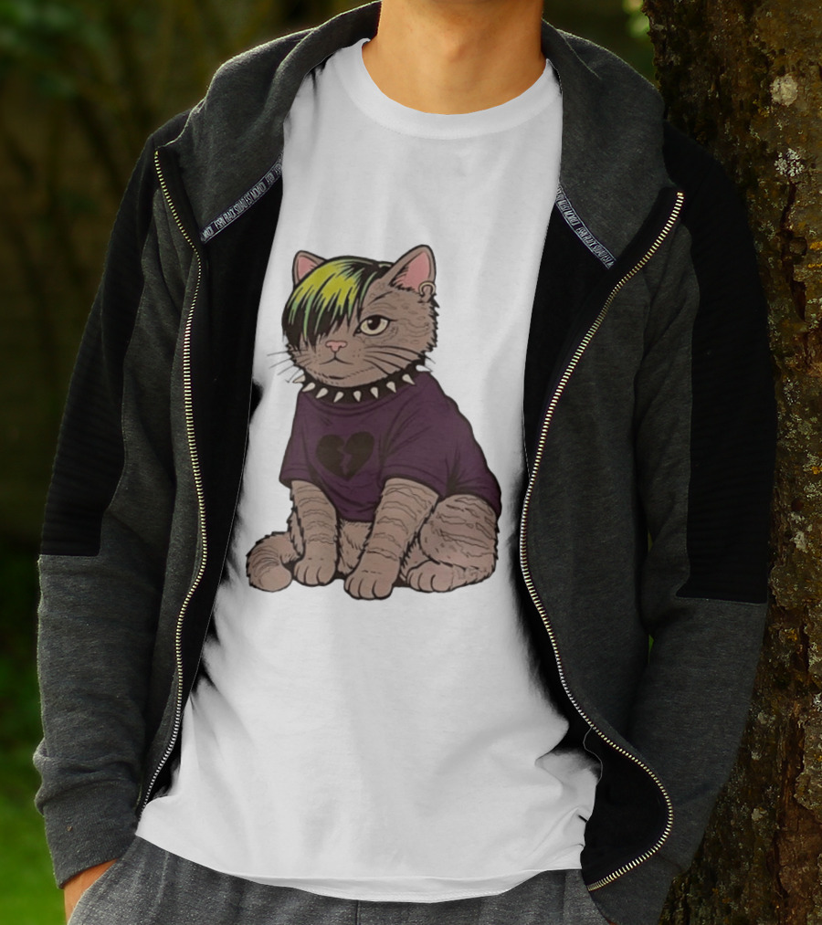 Emo Scene Cat With Heart Break Symbol And Spiked Collar T-Shirt