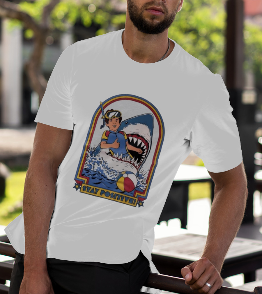 Stay Positive Scuba Boy In Great White Shark Mouth With Beach Ball T-Shirt