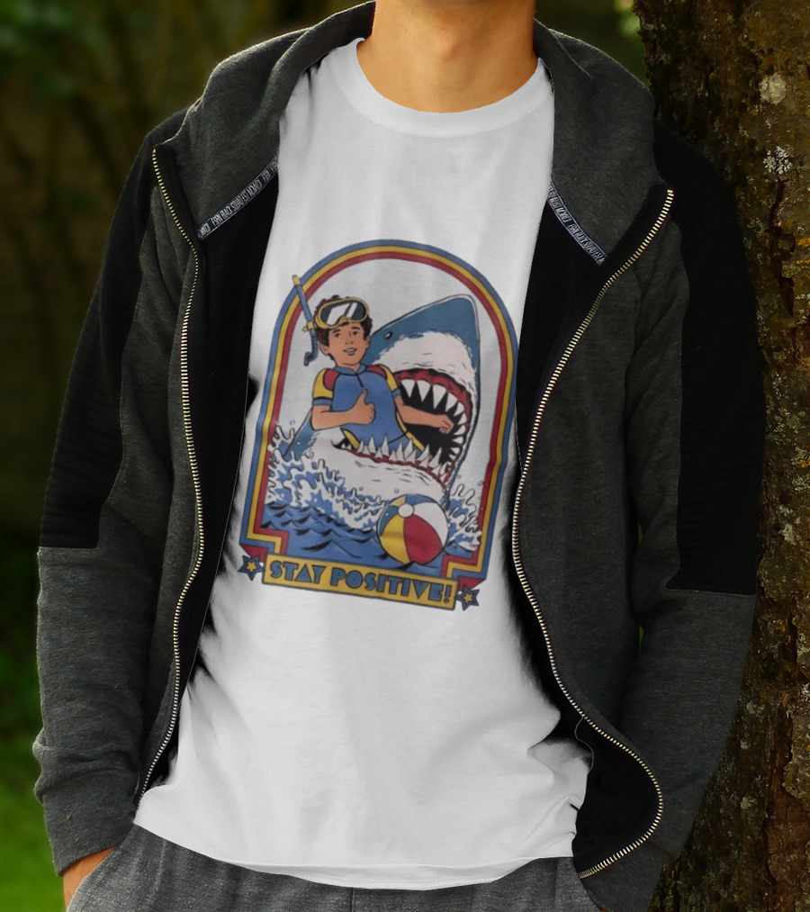 Stay Positive Scuba Boy In Great White Shark Mouth With Beach Ball T-Shirt