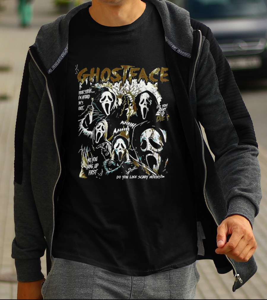 Ghostface Scream Splatter Poor Steve I'm Afraid He's Out T-Shirt