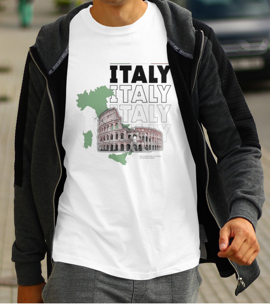 Italy Map And Colosseum Iconic Landmarks Text Heavy Exploration T-Shirt