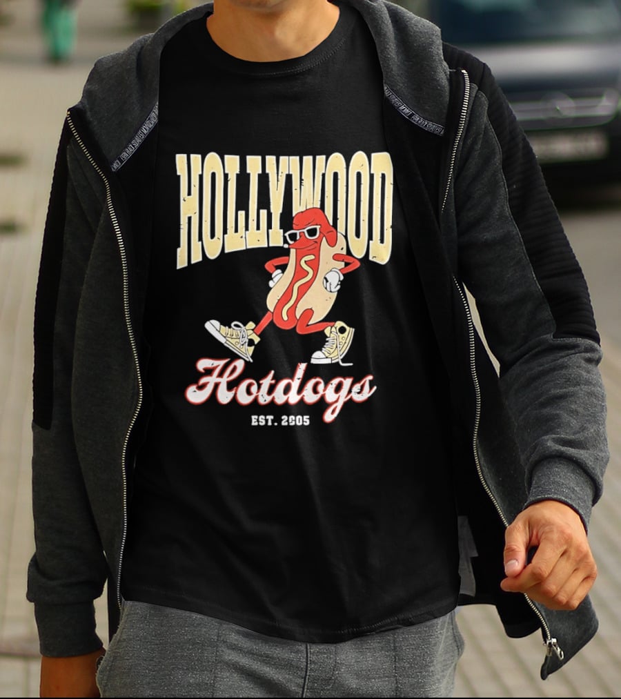 Hollywood Hotdogs Cool Mustard Character With Sunglasses Est 2005 T-Shirt