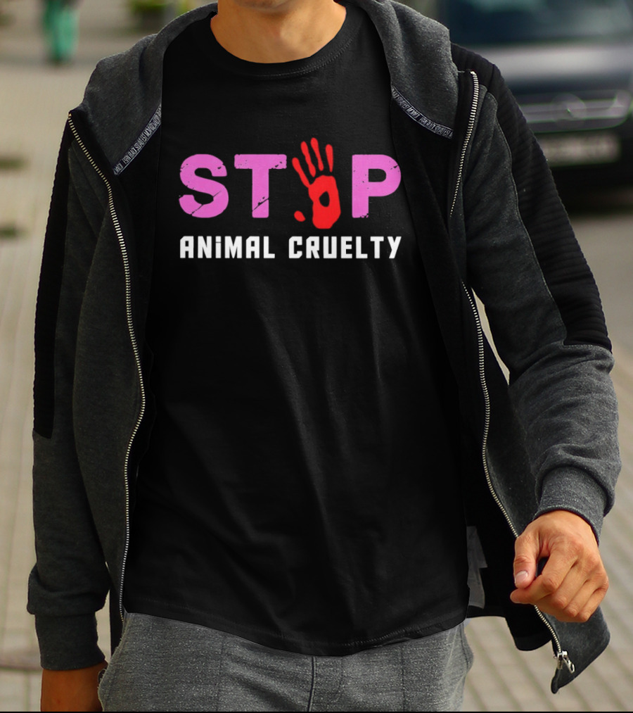 Stop Animal Cruelty Red Handprint Symbolic Message T-Shirt