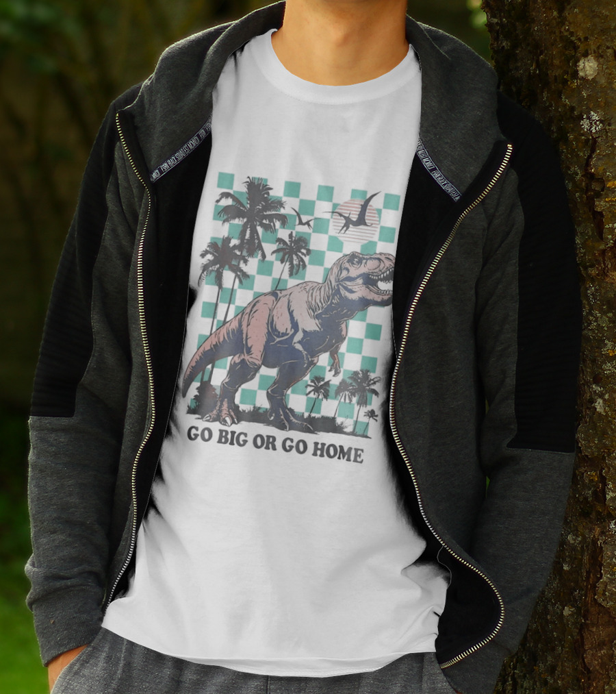 Tyrannosaurus Rex Go Big Or Go Home Palm Trees Checkerboard Sunset T-Shirt