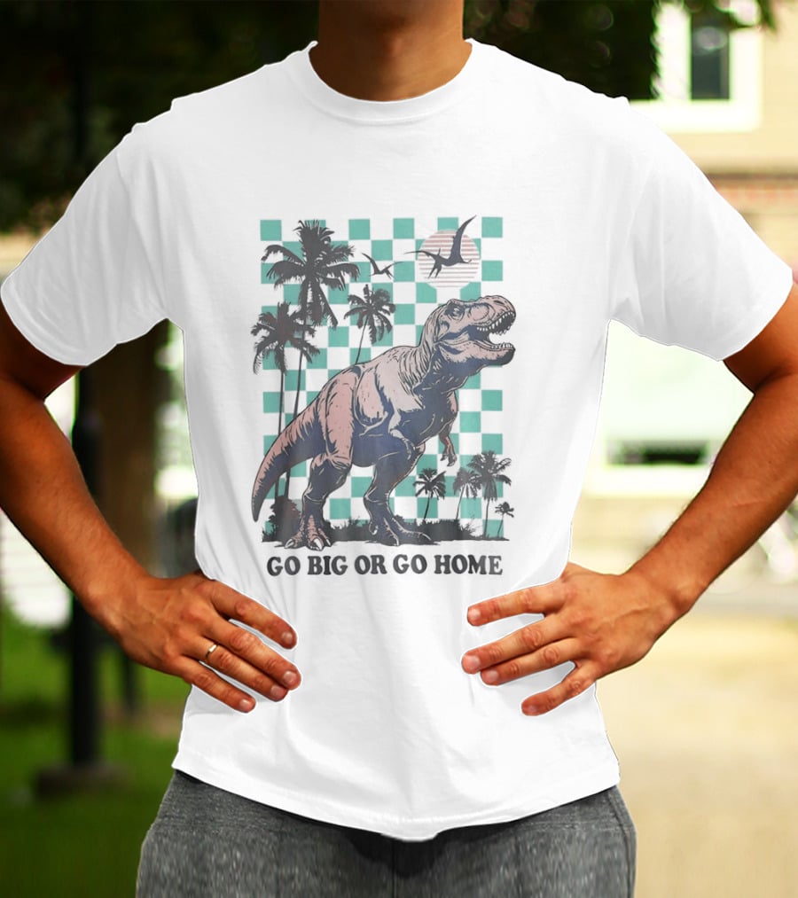 Tyrannosaurus Rex Go Big Or Go Home Palm Trees Checkerboard Sunset T-Shirt