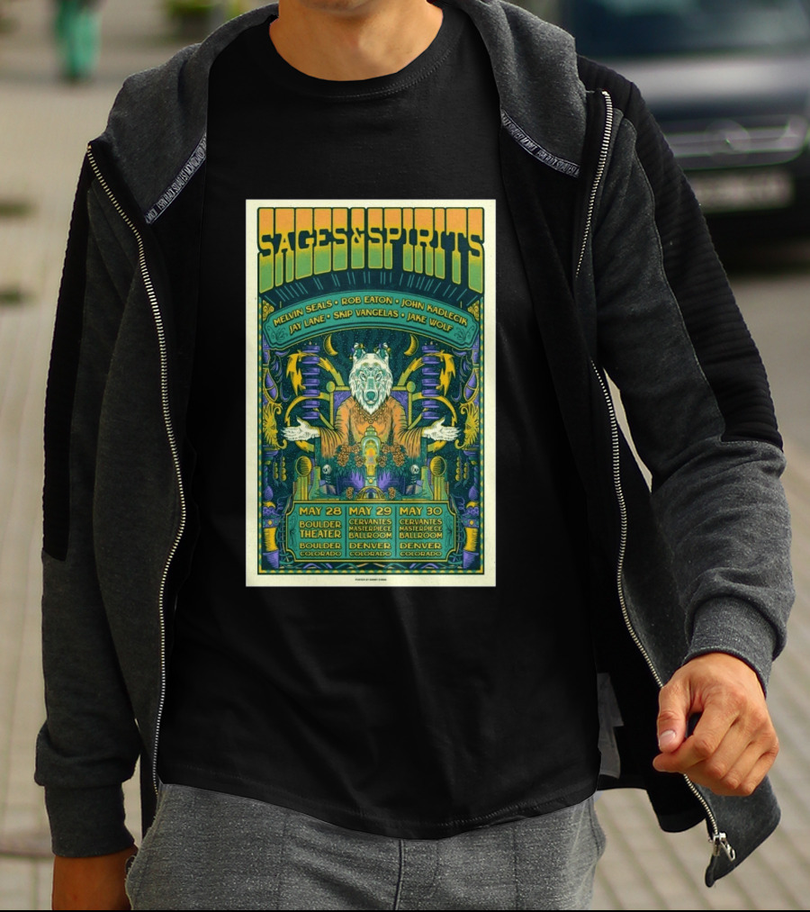 Sages And Spirits May 29 2026 Cervantes Masterpiece Ballroom Denver Colorado Melvin Seals Rob Eaton John Kadlecik Jay Lane Skip Vangelas Jake Wolf T-Shirt